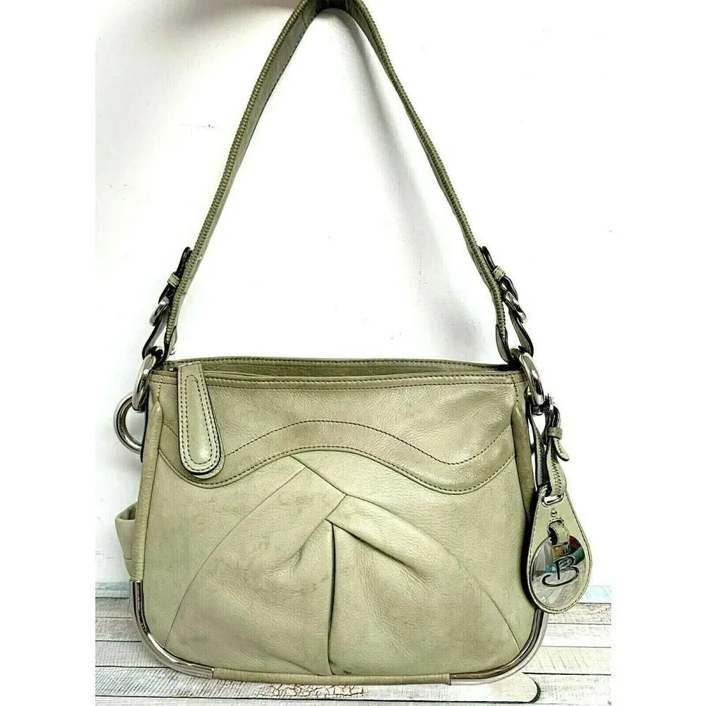 B. Makowsky SHABBY MOSS GREEN GENUINE LEATHER ZIP TOP HOBO SHOULDER BAG HANDBAG